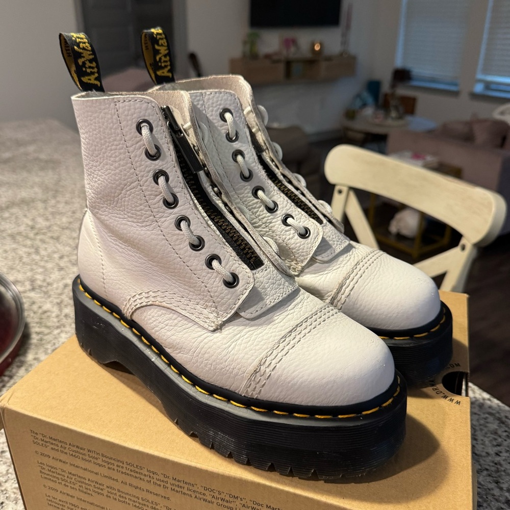 Dr. Martens White Leather Platform Zip Ankle Boots with Yellow Stitching